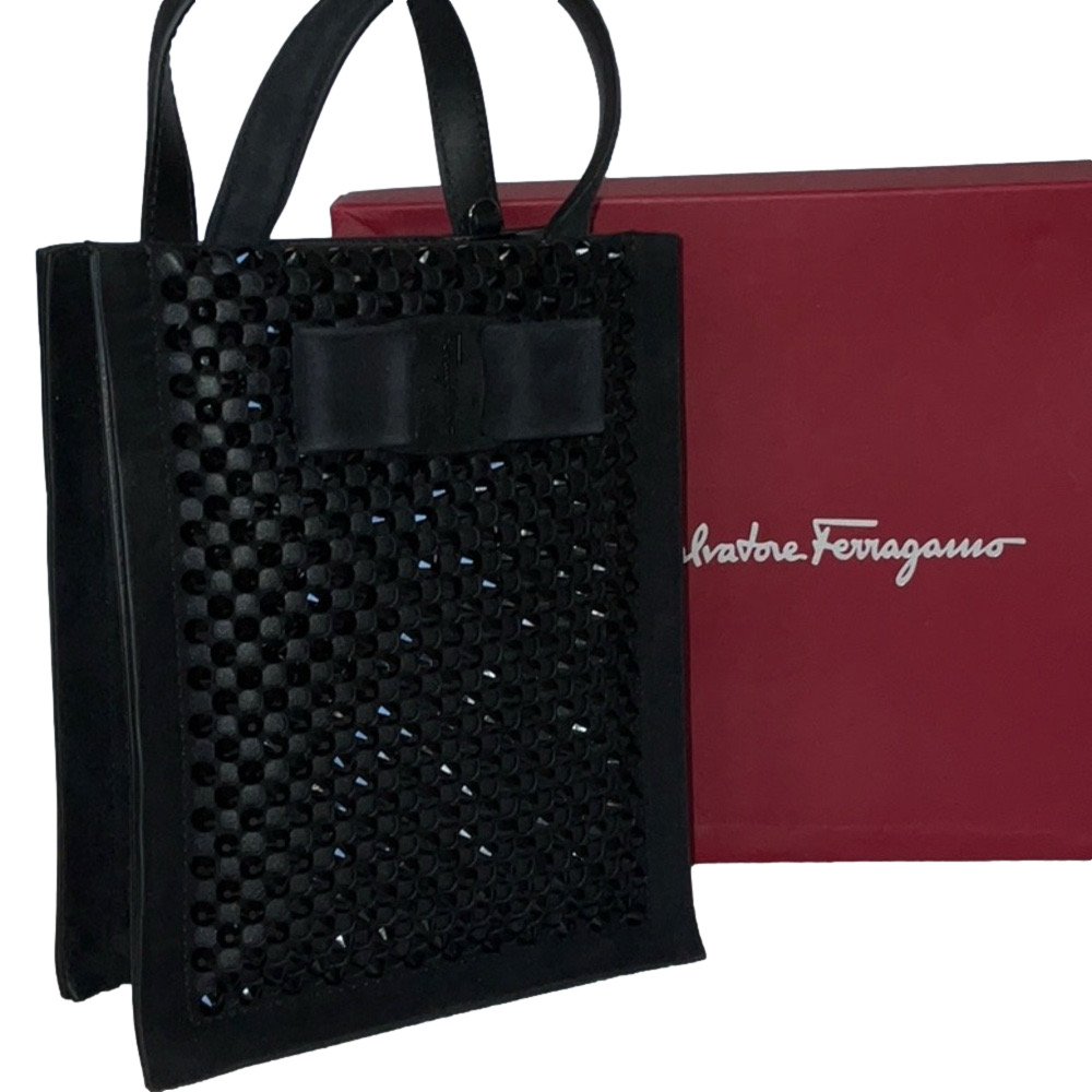 NEW SALVATORE FERRAGAMO Black Woven Viva Bow Mini Tote Bag
